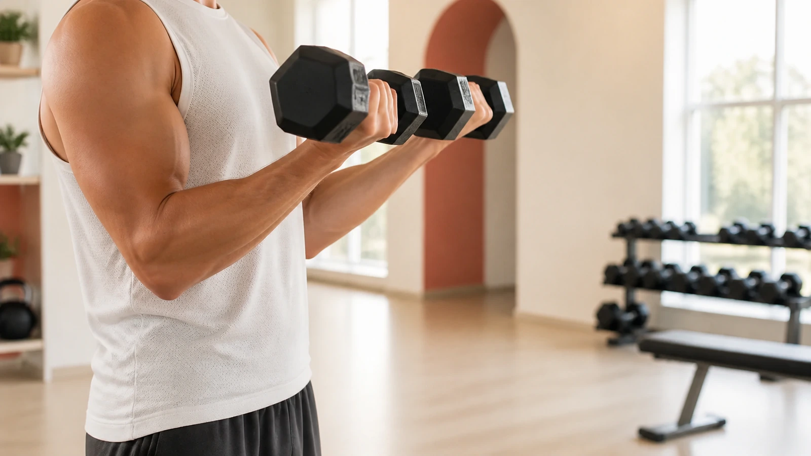 Hantlar på en träningsbänk inför bicepscurl