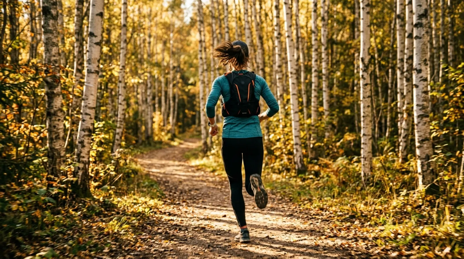 Nybörjarlöpare i lätt jogg på skogsväg, sedd bakifrån i morgonljus