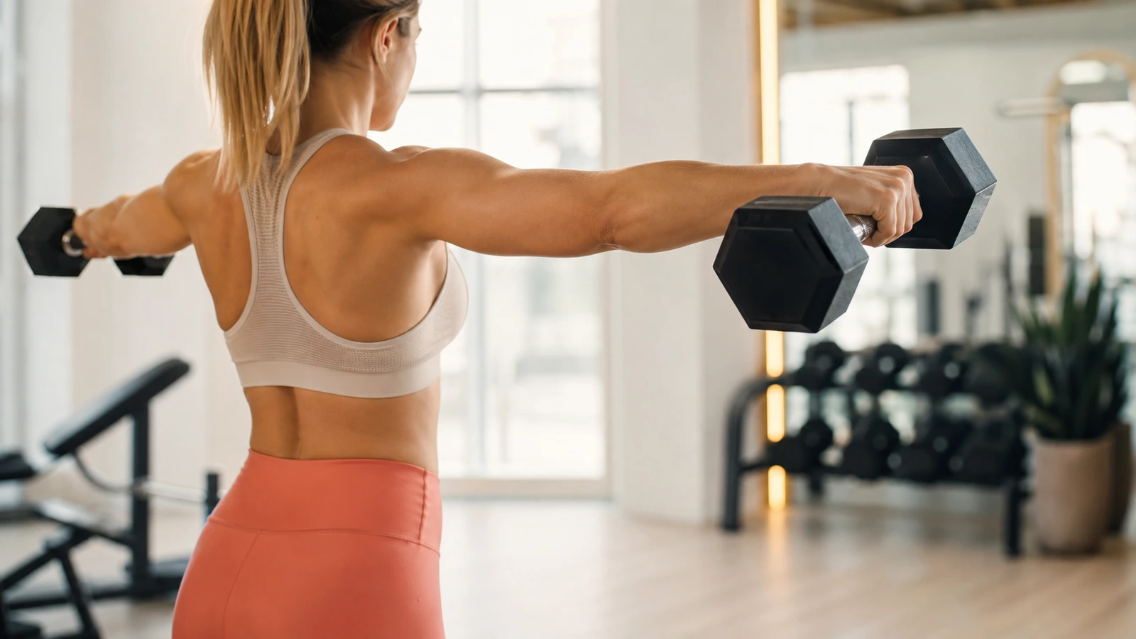 Två hantlar i 5 kilo liggandes på en gummibelagd gymmatta, ingen person synlig