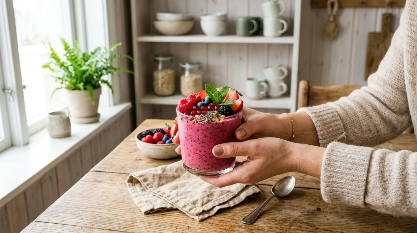 Tre glasburkar med overnight oats toppade med blåbär, hallon och banan i morgonljus