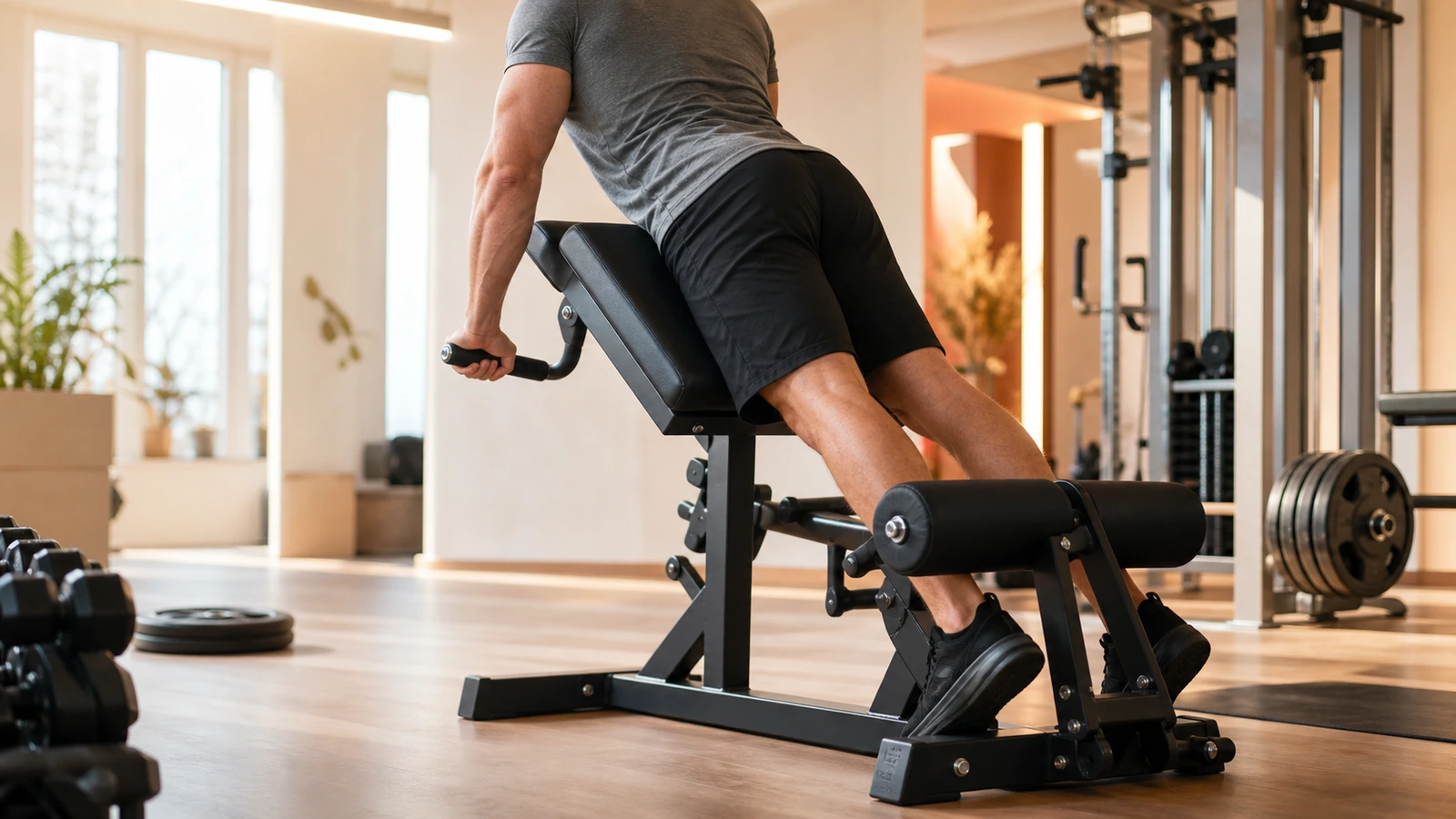 Ryggresningsbänk i gym med viktskiva bredvid på golvet