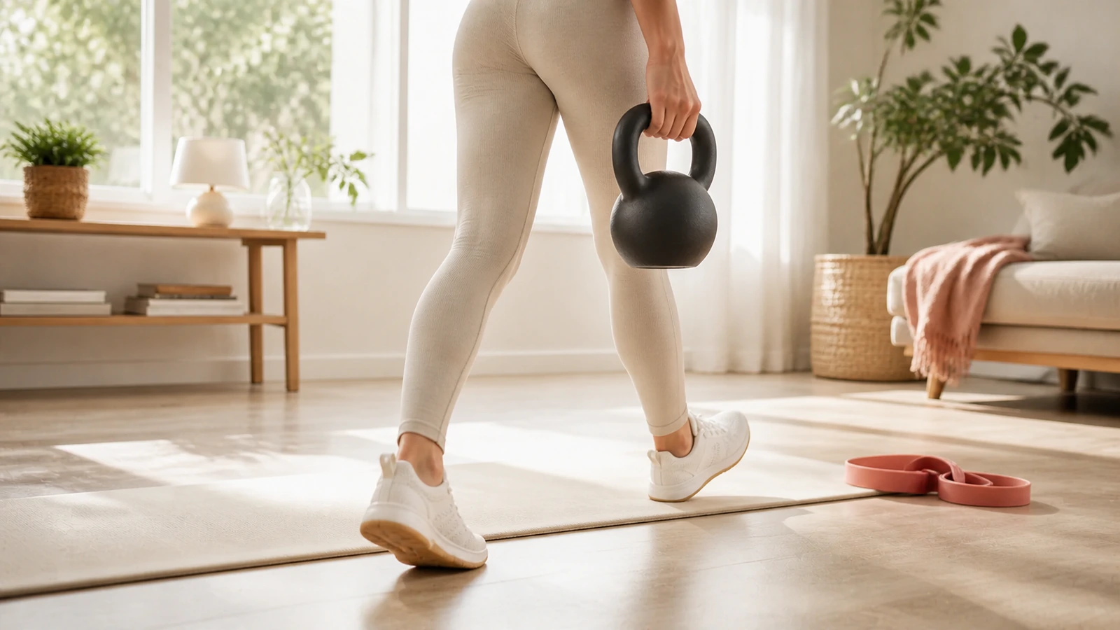 Hantlar, handduk och träningsmatta för underarmsträning hemma