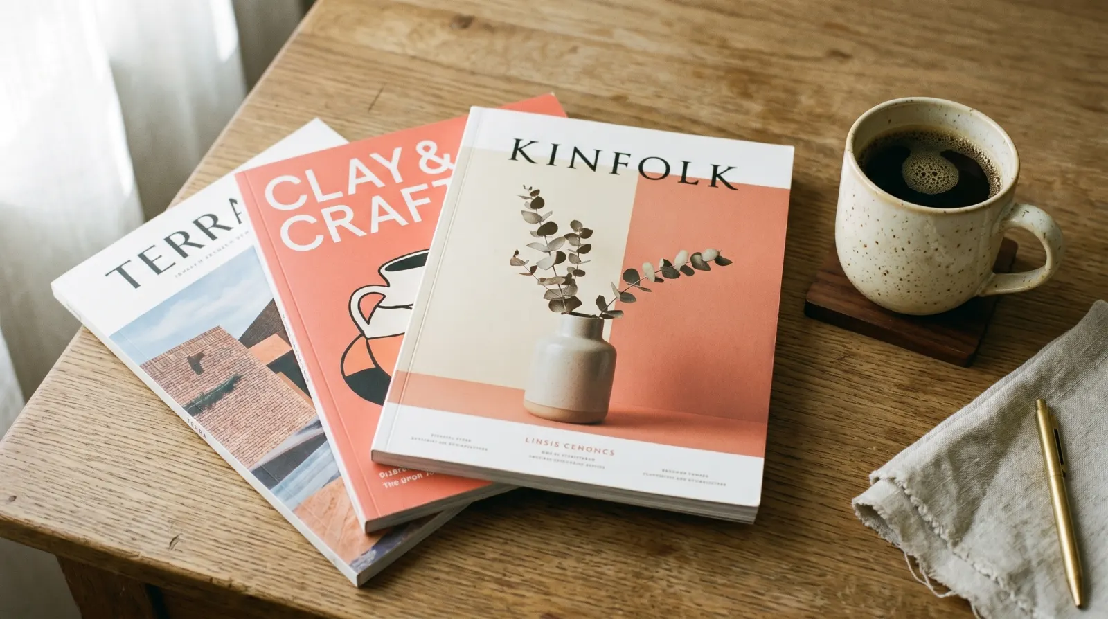 Tre magasin och kaffe på arbetsbord i morgonljus