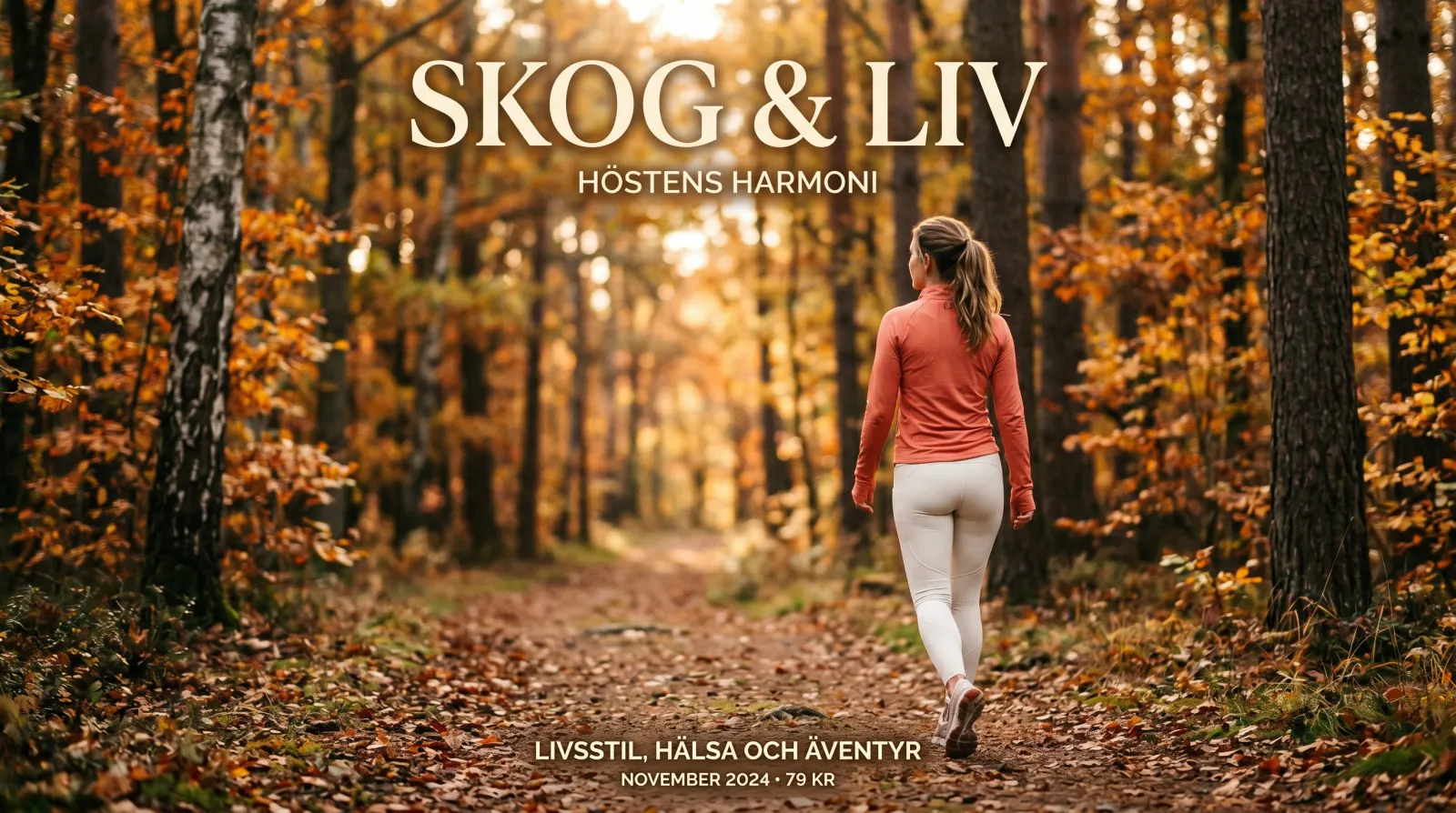 Person i löparkläder på höstig skogsstig i morgonljus, sedd bakifrån