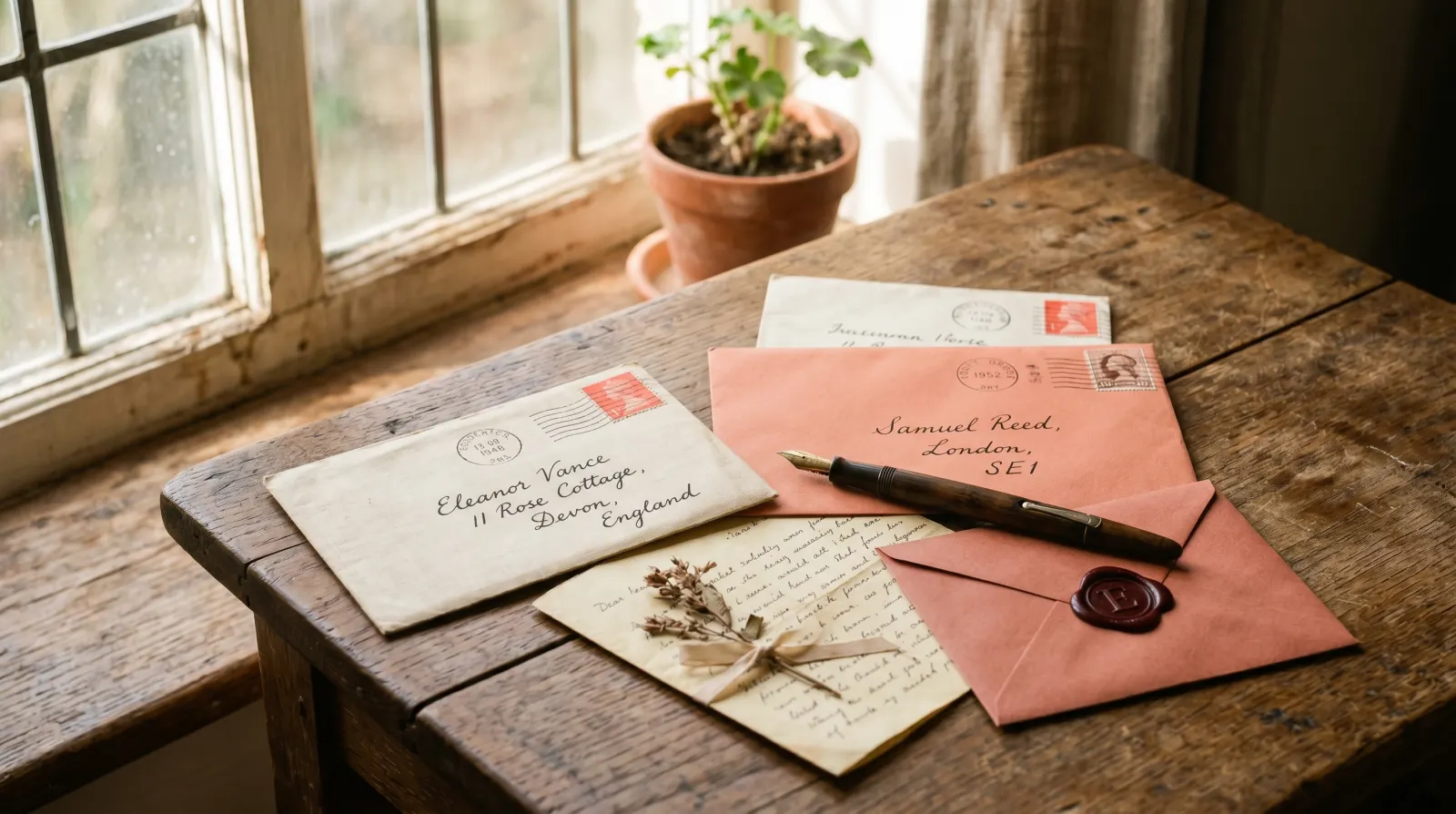 Kuvert och penna på träyta i morgonljus