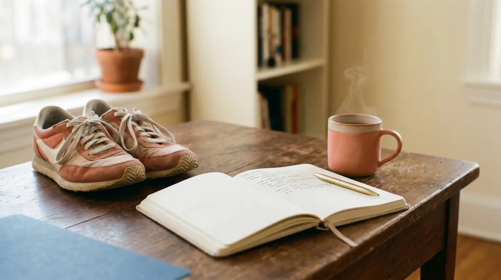 Anteckningsblock, löparskor och kaffekopp på träbord i morgonljus