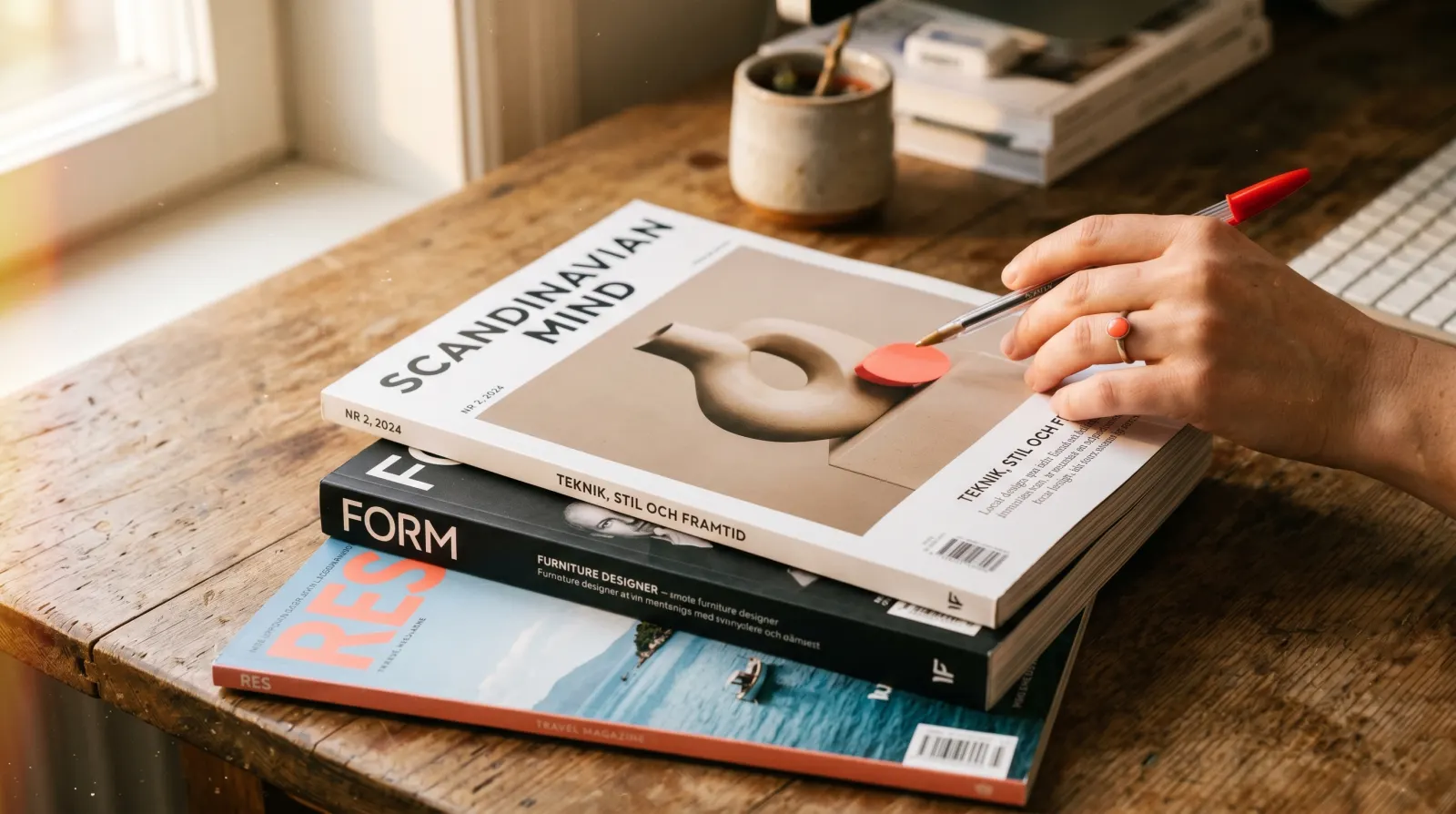 Hand med röd penna granskar tidningar på redaktionellt arbetsbord